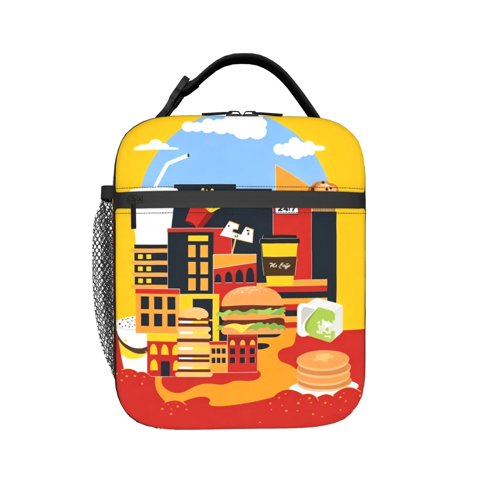 Lunch Bag Fries And Burger Cityscape Illustration School Lunch Box For Child Portable Insulated Print Thermal Tote Handbags