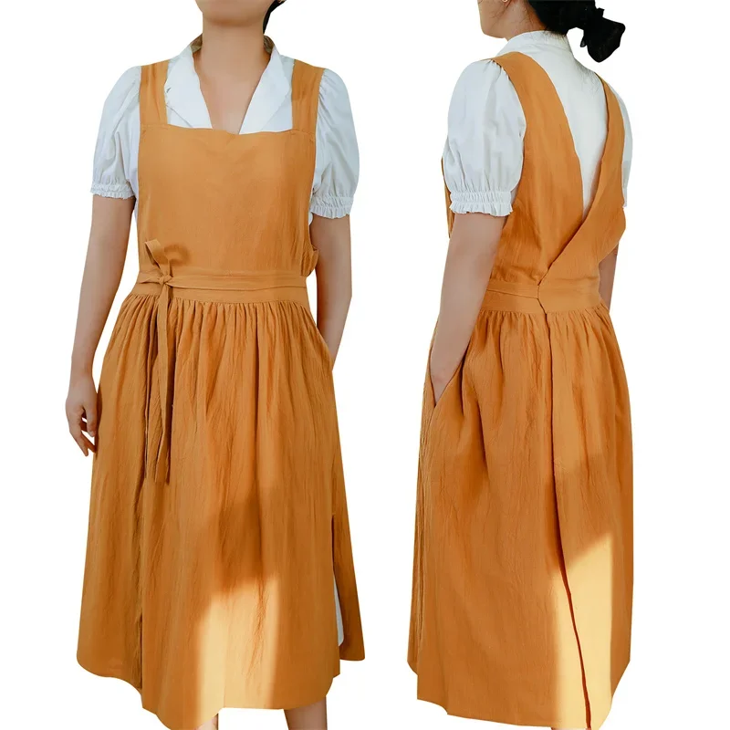 Double Side Cotton Linen Kitchen Apron, Multicolored Women's V-neck Flat-neck Split Long Pinafore For Cooking Gardening Painting