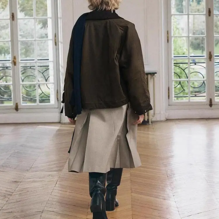 เสื้อโค้ทผ้าลูกฟูกเคลือบแว็กซ์ แขนยาว คอปกพับได้ สำหรับผู้หญิง คอลเลคชั่นใหม่ ฤดูใบไม้ร่วง-ฤดูหนาว แฟชั่นอเนกประสงค์ ทรงหลวม