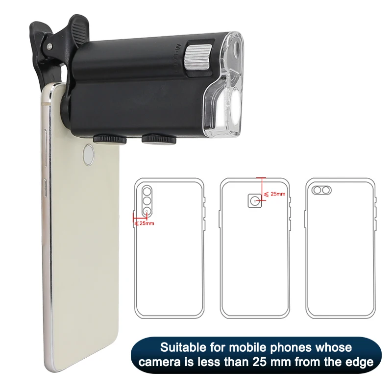 Imagem -02 - Lupa com Clip para Celular Microscópio Monocular Lupa Universal Lâmpada Led uv 60x100x