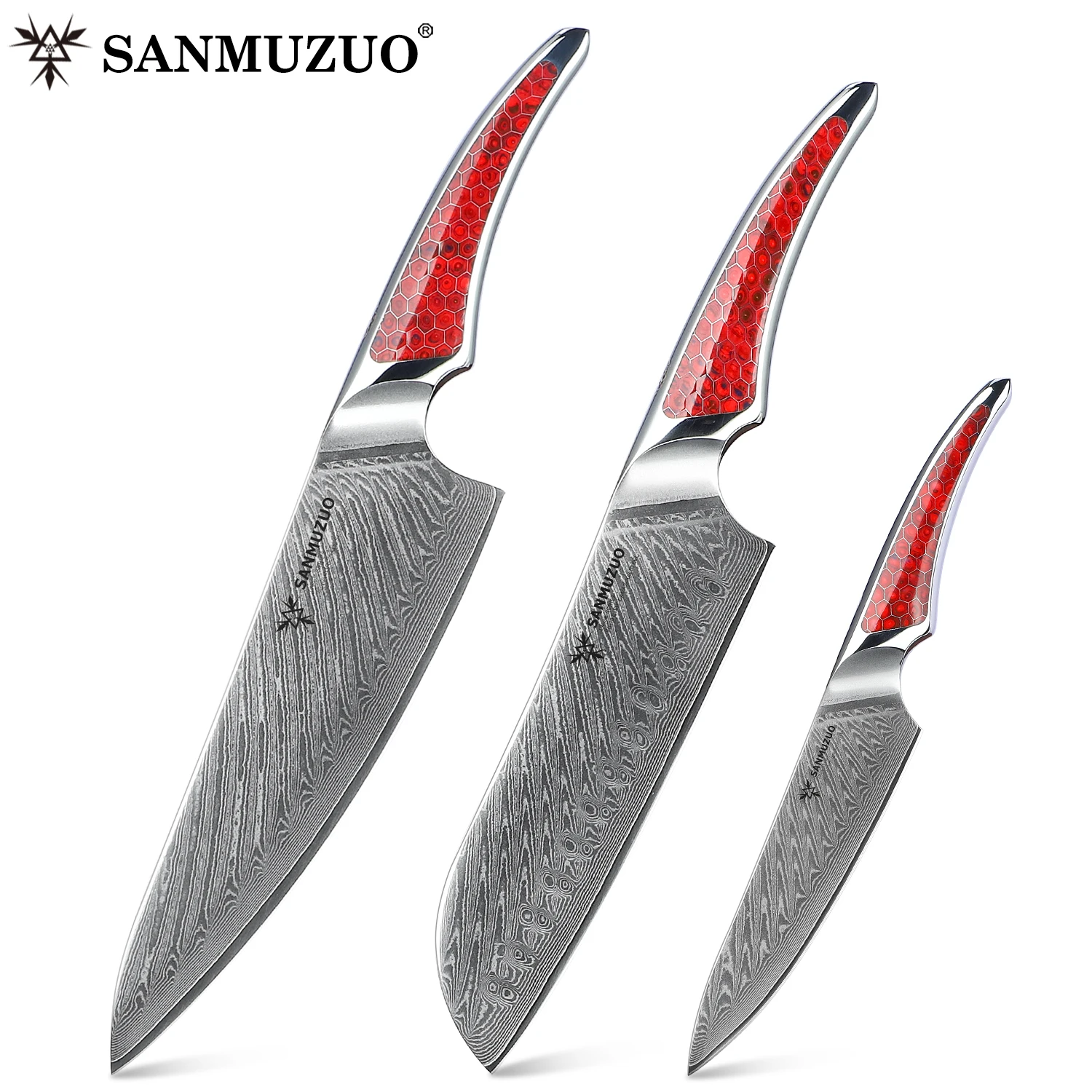 

SANMUZUO 3 шт. набор кухонных ножей-набор острых ножей из дамасской стали Chef Santoku универсальный нож для приготовления пищи-ручка из смолы, серия LAS9