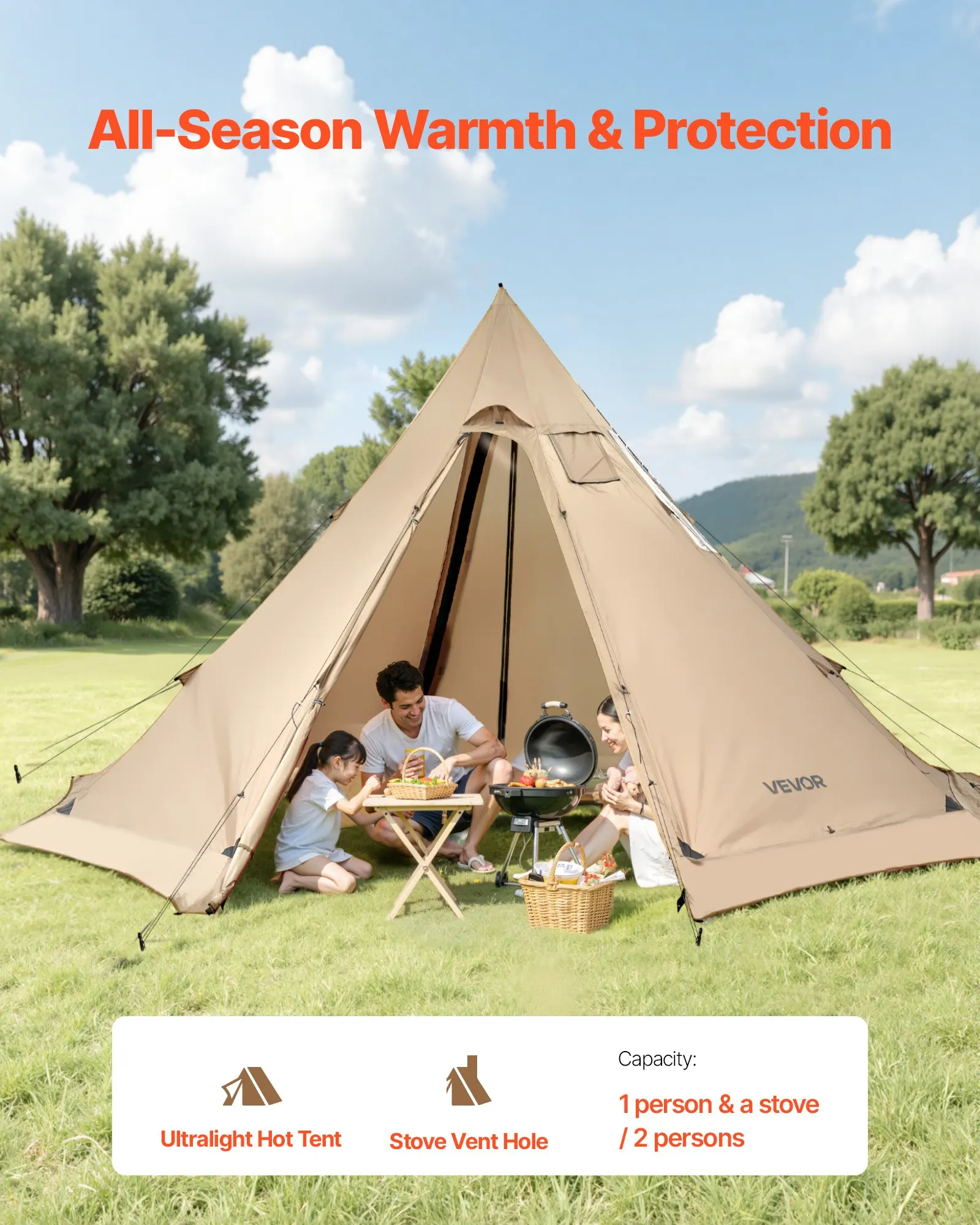 

Hot Tent For 4-6 Persons, Portable Winter Tipi Tent With Stove Jack, Waterproof Canvas Camping Tents, Lightweight 4 Season