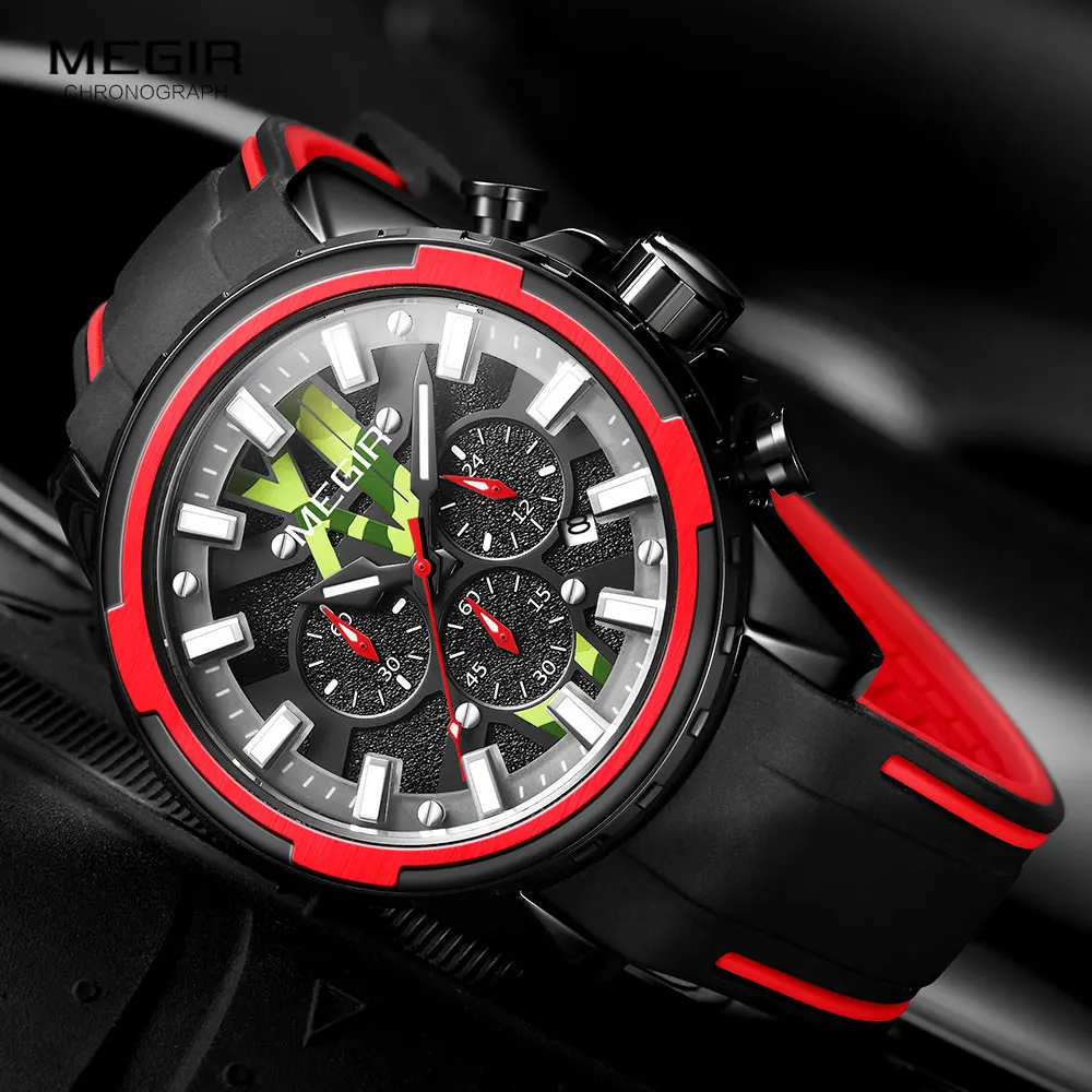 MEGIR Quartz Watches Men Silicone Strap Chronograph Analog Wristwatch Luminous Hands Auto Date Waterproof Military Sport Watch