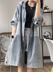 2023 Spring Autumn New Women's Korean Version Mid-length Loose Fashion Hooded Stitching Denim Trench Coat