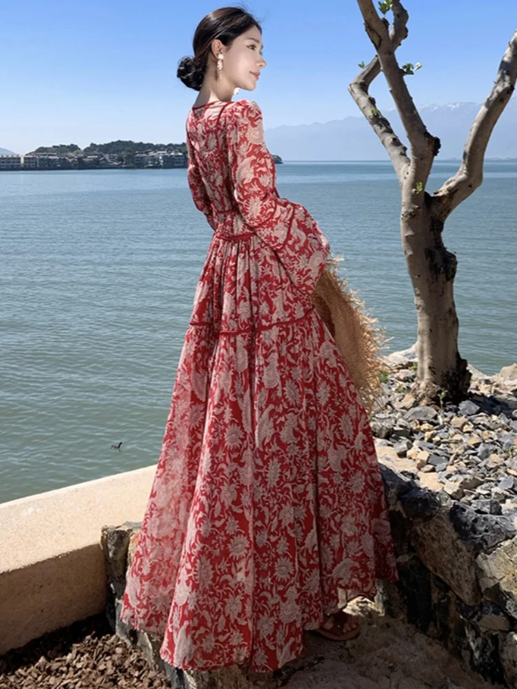 High-End Temperament Ethnic Style Red Printed Dress French Slim Waist  Women's Summer Long Dresses 2025 New Female Clothing