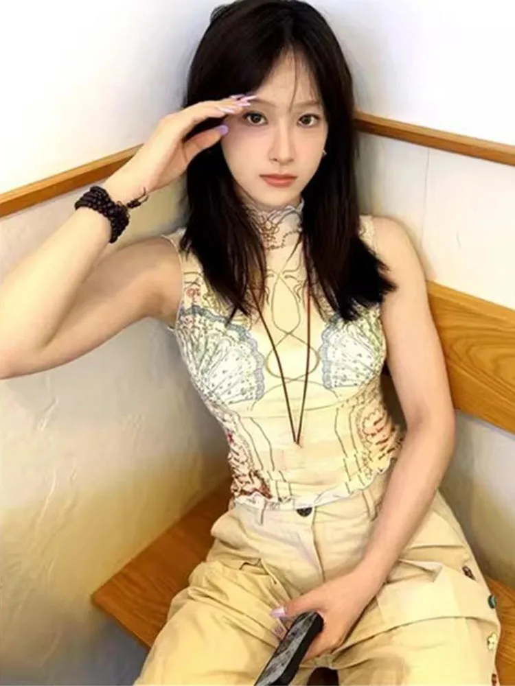 Y2k Mesh Print Tank Top Women Sleeveless Half High Collar Slim Fit Base Vest Harajuku Fashion Spicy Girl Camis Crop Top