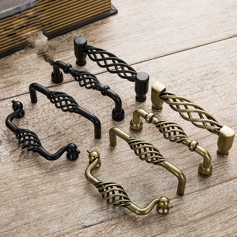 Vintage Antique Bronze Cabinet Handles Hollow Out Birdcage Handles Drawer Knobs Wardrobe Door Pullers Furniture Handle