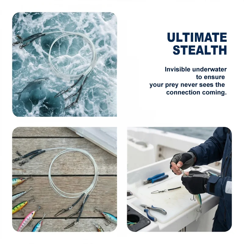 6 Stück 100% Fluorocarbon-Vorfächerleinenschnur, vorgebunden mit Kugelwirbel und Karabiner, hochfeste Angelschnur – Detail 5