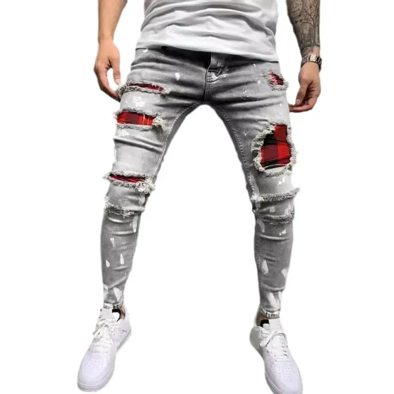 2025 Jeans Pencil Pants Holes Distressed Men Streetwear Denims Patchwork Mid Waist Slim Fit Washed Denim Ankle Length Trousers