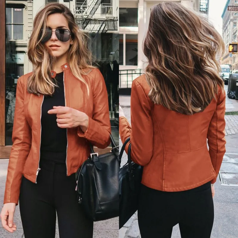 Solidny jesienny damski płaszcz rowerowy Faux Leather Outwear Zipper Outfit Spring Autumn Wome Fashion Short Thin Female Jacket Coat