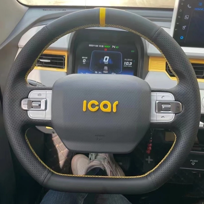 

For 2022-2024 Chery QQ Ice Cream Steering Wheel Cover Genuine Leather Hand-Stitched Custom Fit