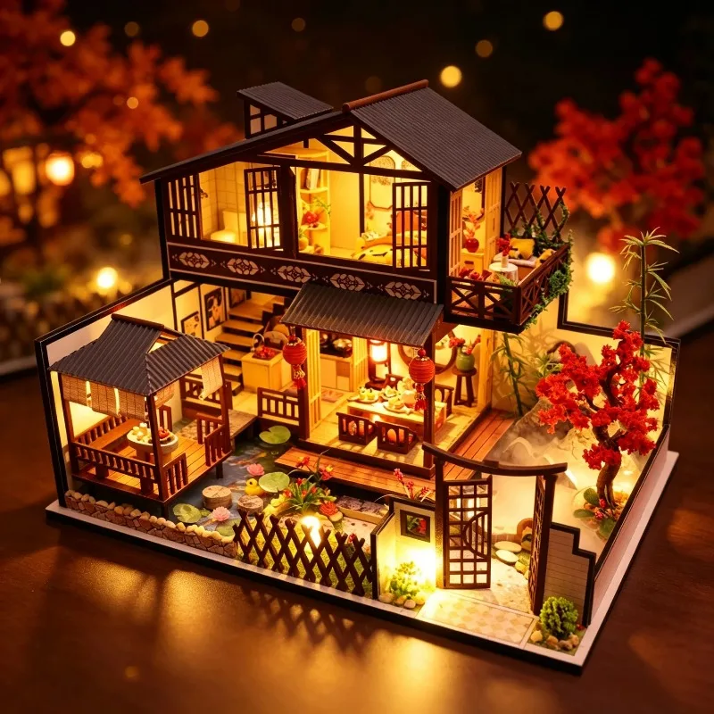 DIY Wooden Romantic Japanese Villa Cottage Miniature Dollhouse 3D Puzzle Assembly Model Kits for Adults Birthday Gift Home Decor