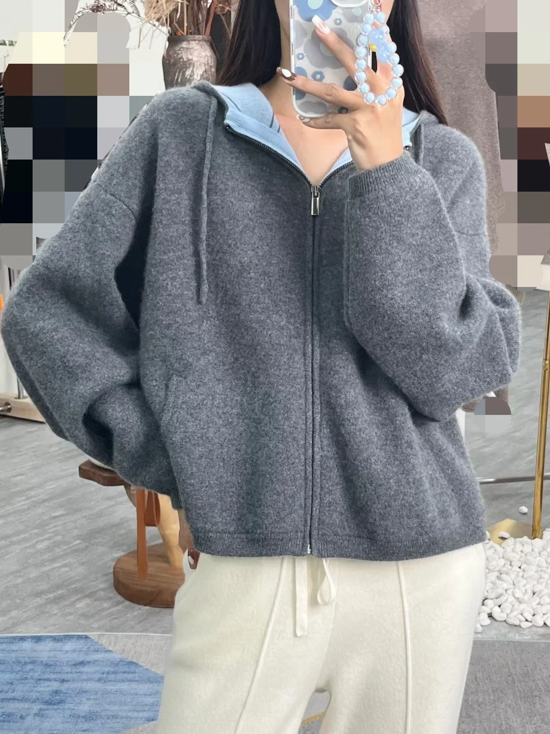 Women\'s Air Cashmere Cardigan Loose Padded Knit Hoodie Contrast Zipper Sweater Fall Winter Coat New Style Casual Comfortable