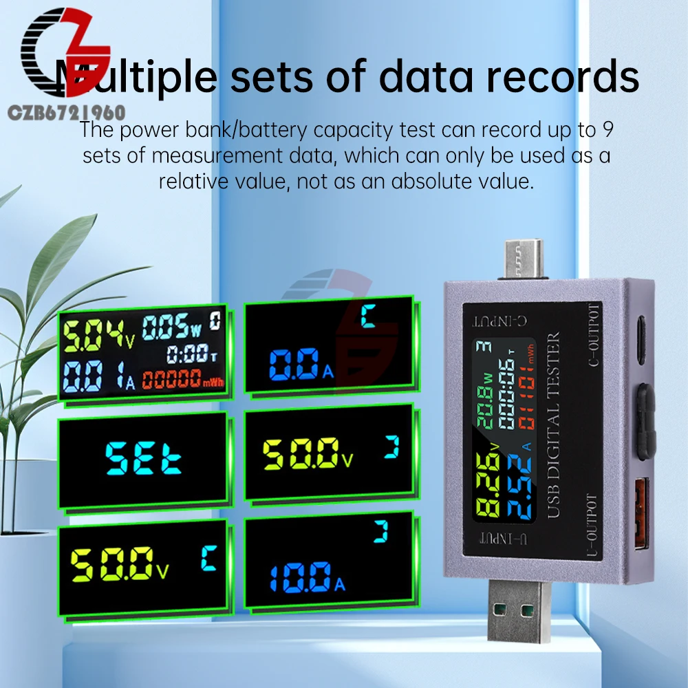 DC 4.5-50V 0-8A USB Type-C Tester Multi-function Digital Display Voltage Ammeter Power Meter DC Power Bank Charging Indicator