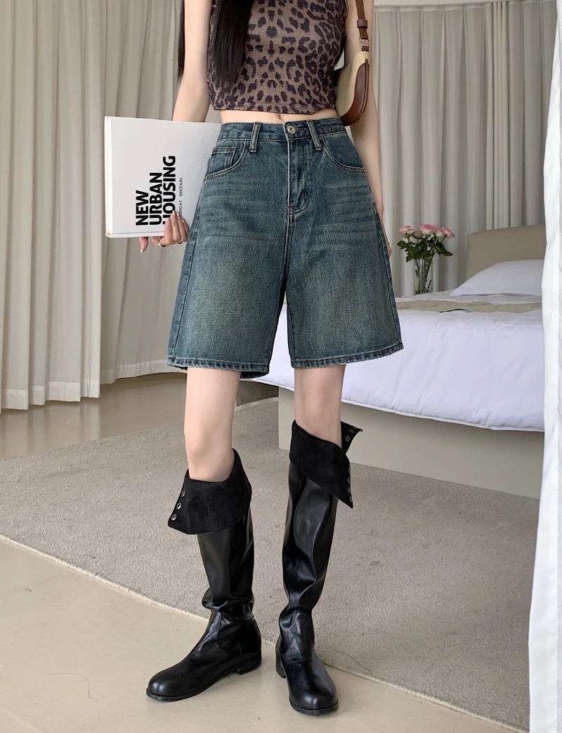 

Blue Mid Length Shorts For Women Summer Retro High Waist Straight Wide Leg Five Quarter Length Pants Female Casual Shorts