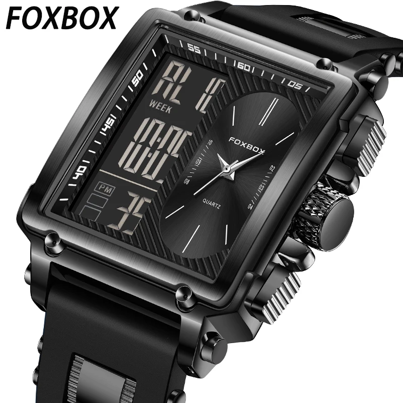 LIGE Brand FOXBOX Casual Sport Dual Digital Display Square Man Watch Electronic Luminous Quartz Men\'s Clocks Military Wristwatch