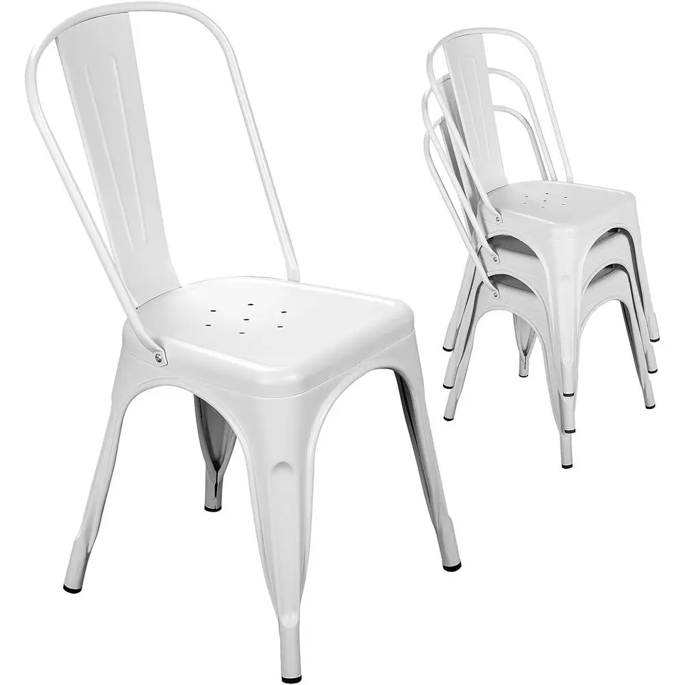 Stackable 18 White Metal Dining Chairs, Indoor/Outdoor, Waterproof, Set of 4 for Kitchen, Dining Room, Café, Restaurant, Bistro,