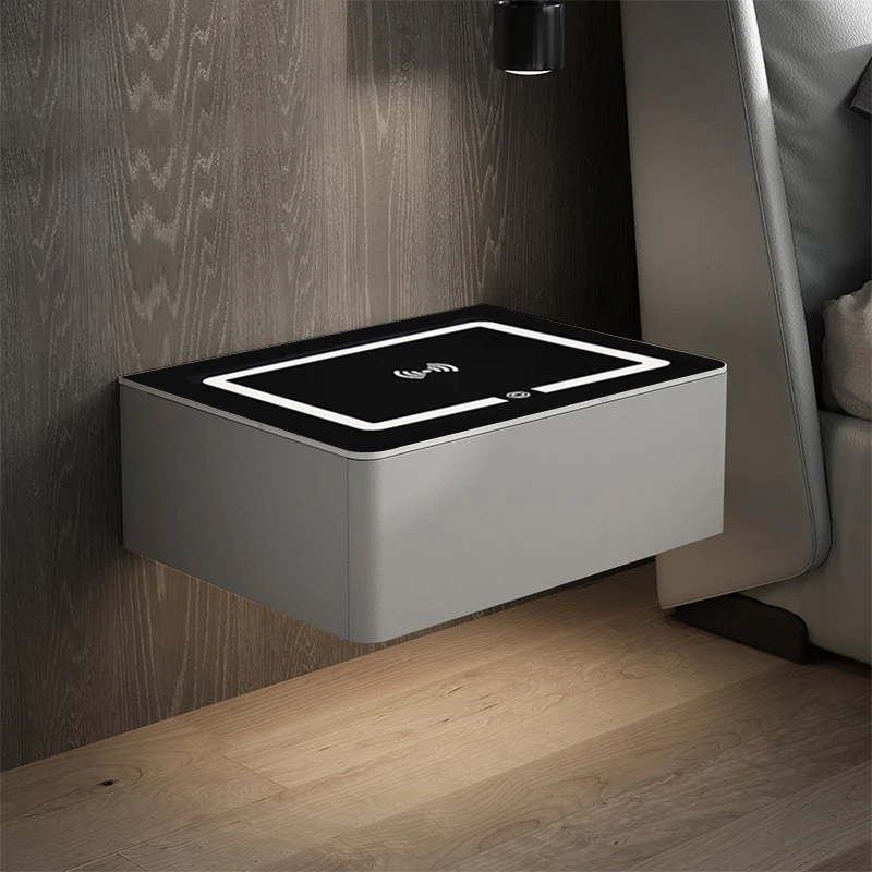 طاولة سرير ذكية لاسلكية USB شحن طاولة ليلية خشب رمادي منضدة عائمة معلقة على الحائط