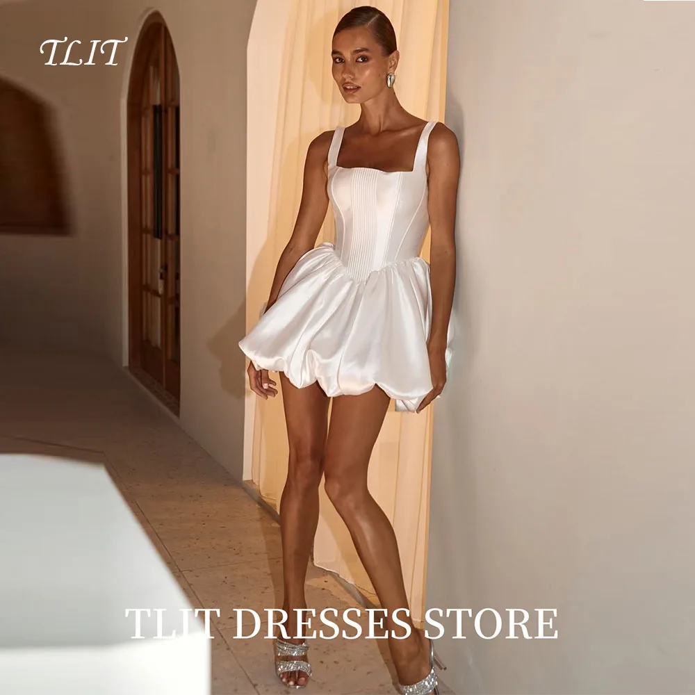 

TLIT Sexy Short Silk Satin A-Line Wedding Dress Square Collar Spaghetti Strap Bridal Gown Robe De Mariée customized Corset Back