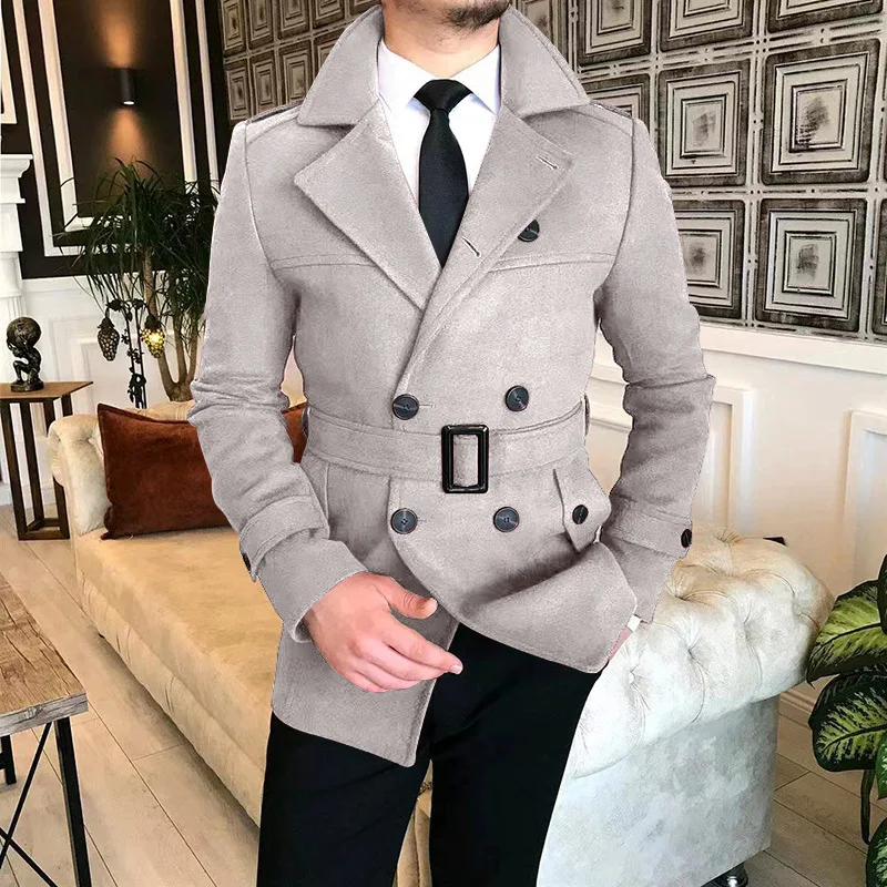 Autumn Winter Men's Double Breasted Woolen Overcoat High Quality Male Laple Belt Solid Thick Trench Coat Trend Causal Outerwear