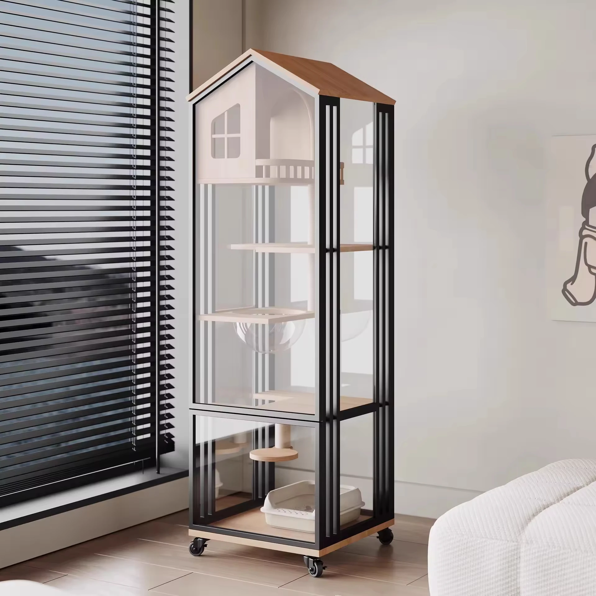Four Seasons Universal Pet Bed Glass Pet Room Solid Wood Cat House Cat Nest Villa Isolation Room Cat Activity Center