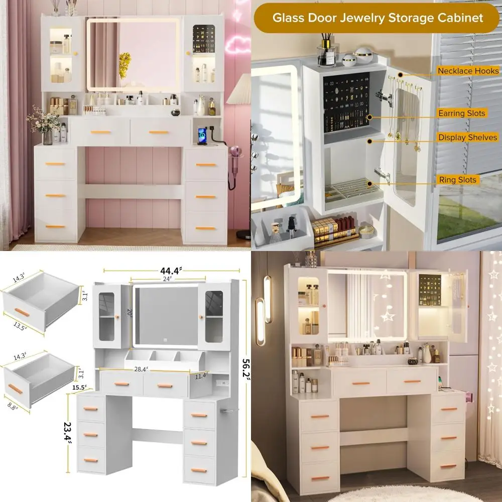 مكتب زينة مكياج بإضاءة LED مع خزانة تخزين بيضاء، 8 أدراج، مخرج طاقة، ومرآة معززة لتعزيز الجمال