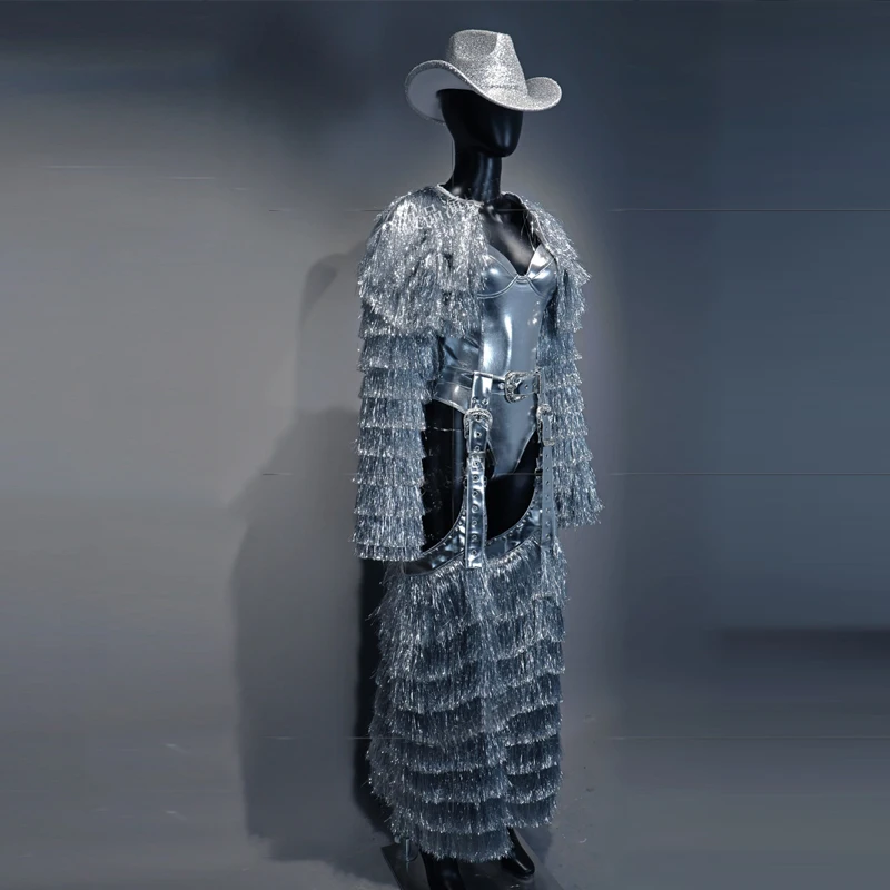 Bar Nightclub DJ DS Pole Dance Outfit Silver Laser Bodysuit Fringed Coat Legs Cover Women Gogo Costumes Stage Rave Wear XS10537