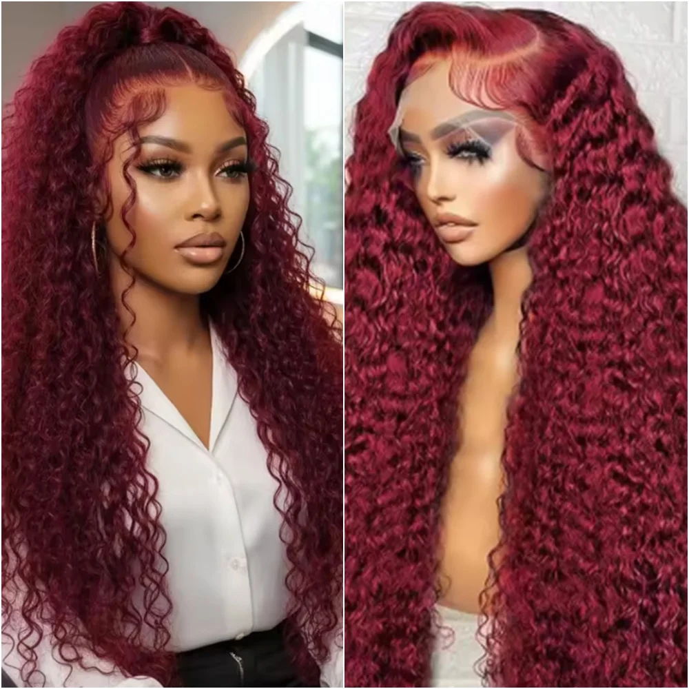 

40 Inches 99J Deep Wave Wig 13x6 HD Transparent Lace Front Human Hair Wigs Burgundy 13x4 Lace Frontal Wigs for Women 220 Density