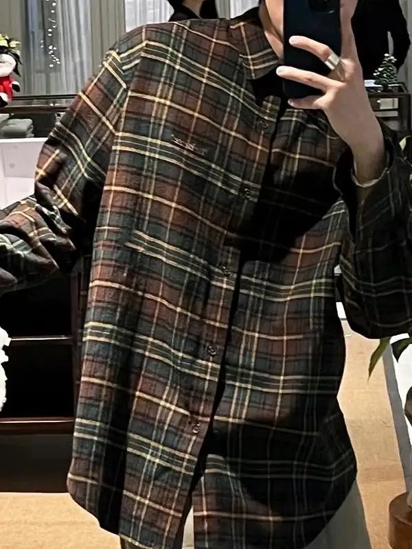 루즈핏 체크무늬 여성용 패셔너블 오버사이즈 컬러블록 레트로 코트 봄 여름 가을 겨울 코튼 칼라 롱 슬리브