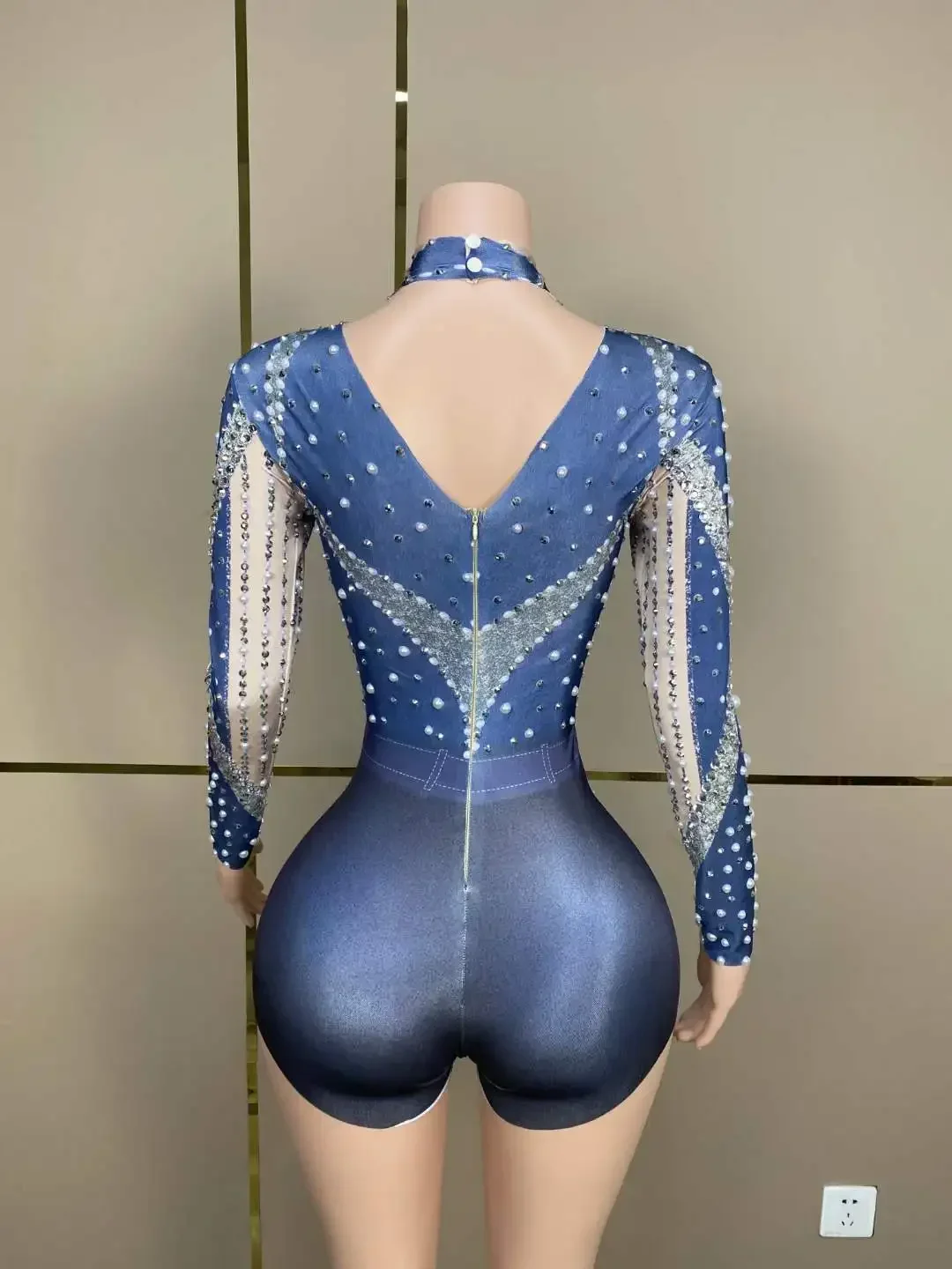 Kobiety lśniące z koralikami i kryształkami z długim rękawem jednoczęściowy kombinezon DJ DS odzież do klubu nocnego kostium na konkurs