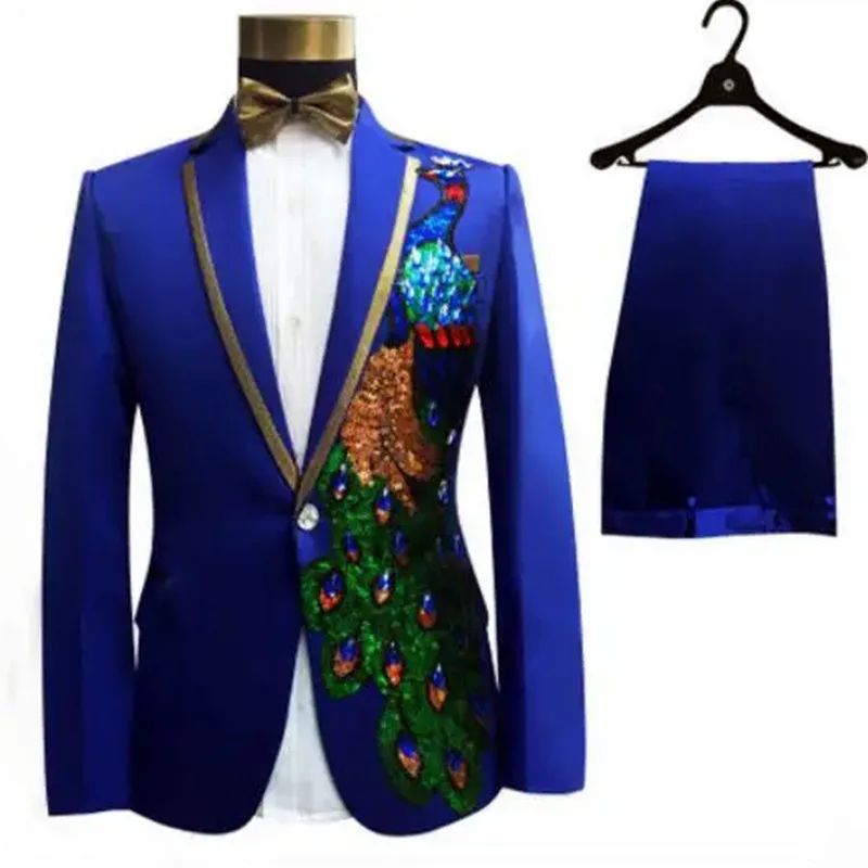 

Blazer Pants Male Suit Groom Wedding Prom Party Blue Black Rhinestones Flowers Tuxedo Trouser 2 Piece Set Host Stage Costume