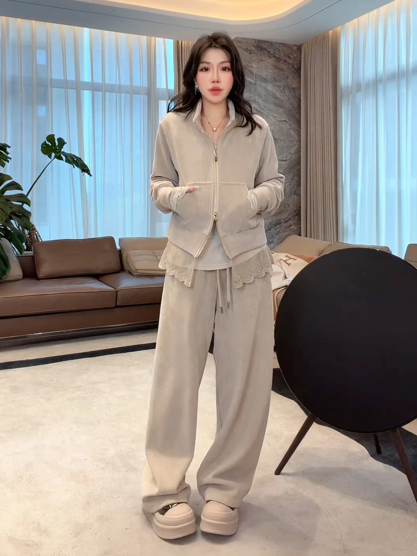 

Модный зимний комплект для женщин с флисовой подкладкой: теплый повседневный костюм из эластичного вельвета с круглым вырезом и застежкой-молнией