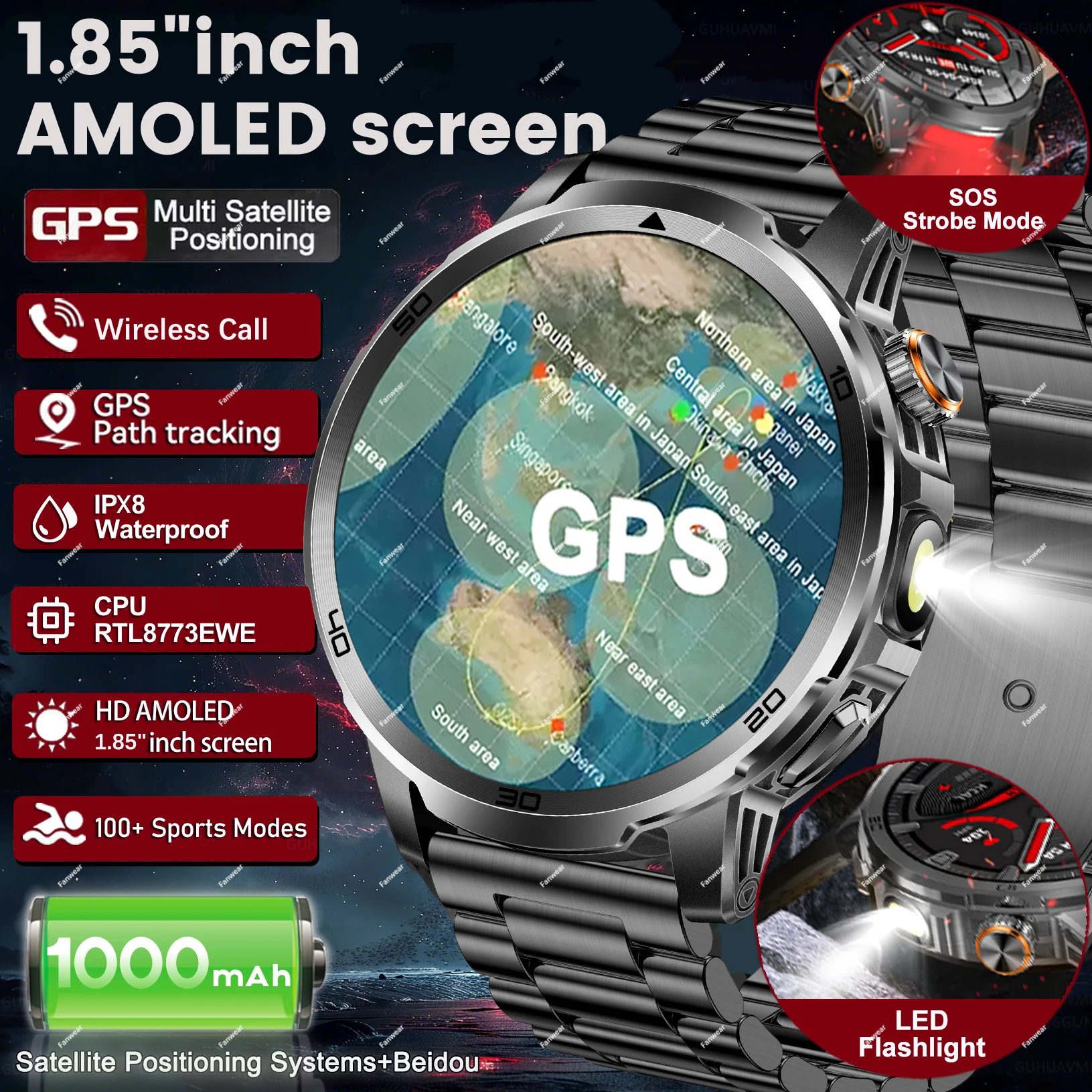 

Fanwear men's smart watch SOS distress light +LED flashlight dual light mode 1000 mAh battery GPS trajectory 1.85 inch AMOLED