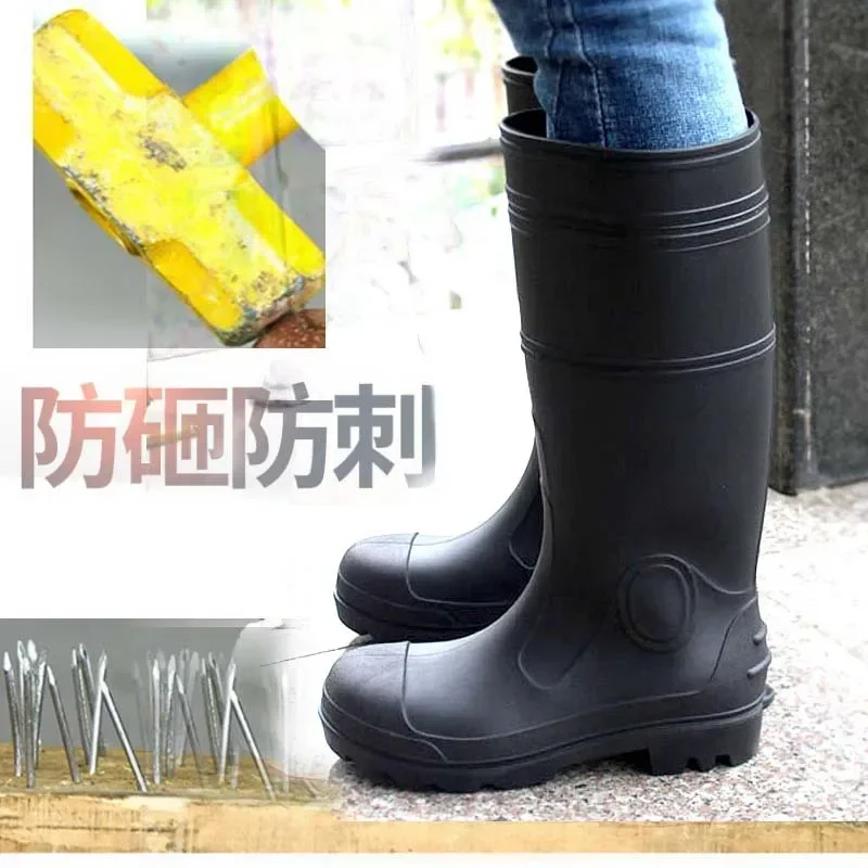 Men's High Top Rain Boots High Tube Mining Boots Steel Ladle Toe Covers Large Size Anti Smashing and Anti Stabbing Shoes