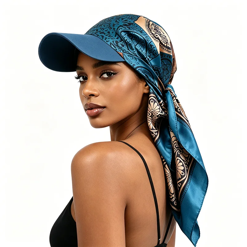 New Women Satin Paisley Print Hat with Brim Sun Hat Strapped Design Baseball Cap Soft Breathable Printed Headscarf Turban Caps