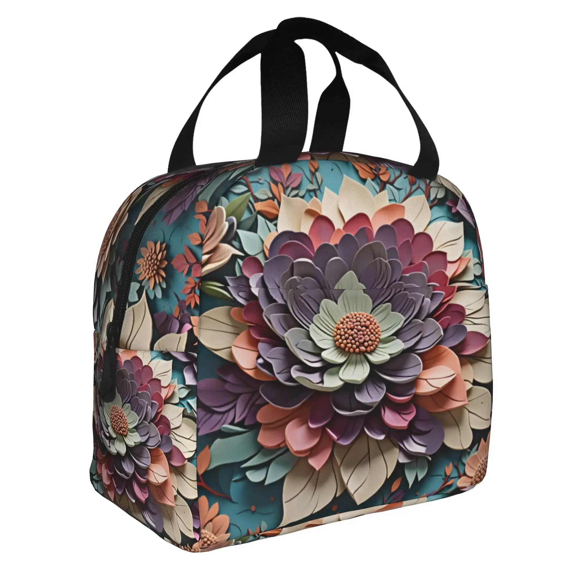 Luxury High Blooming Various 3D Peonies Floral Insulated Lunch Bag for Resuable Trend Floral Thermal Cooler Lunch Tote School