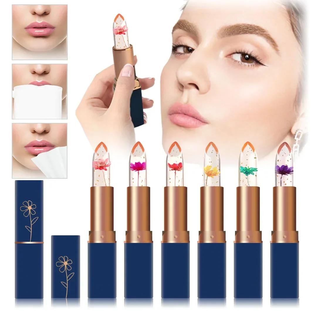 Dark Blue Tube Crystal Transparent Jelly Lipstick Gold Foil Small Flower Color Changing Moisturizing Lipstick