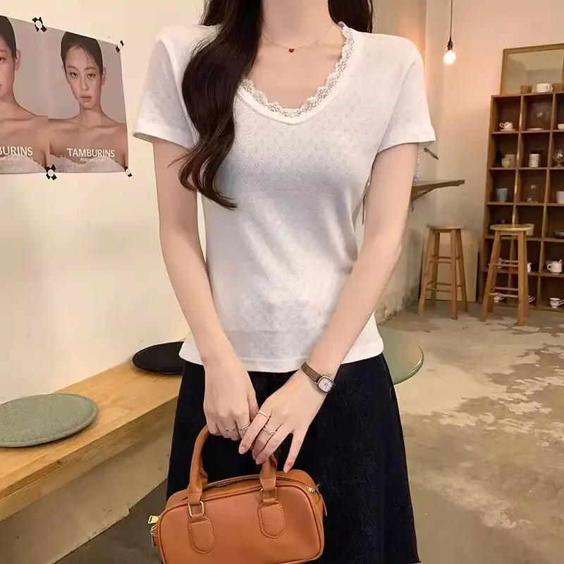 White Lace Trim Short Sleeve T-Shirt Women's Summer Slim Fit Base Shirt Short Style Princess Style Floral Print round Neck Top