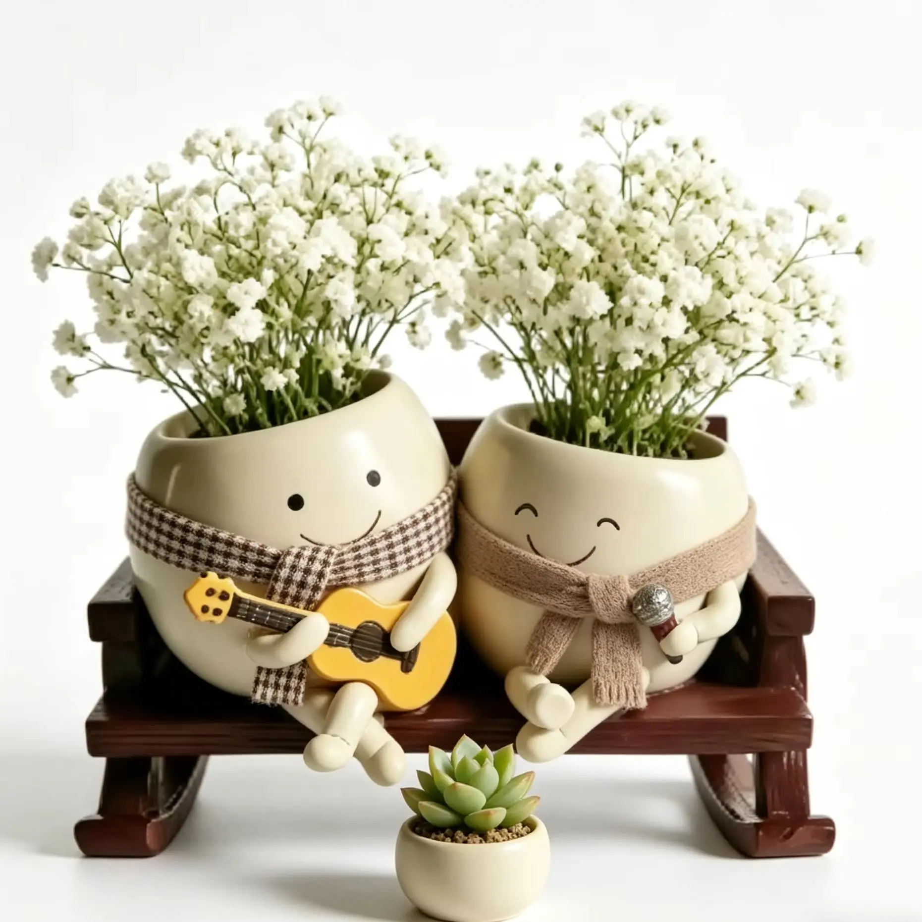 Resin Heart-Shaped Flower Pot Smiling Face Design with Rocking Chair Guitar And Microphone Double Headed for Succulents