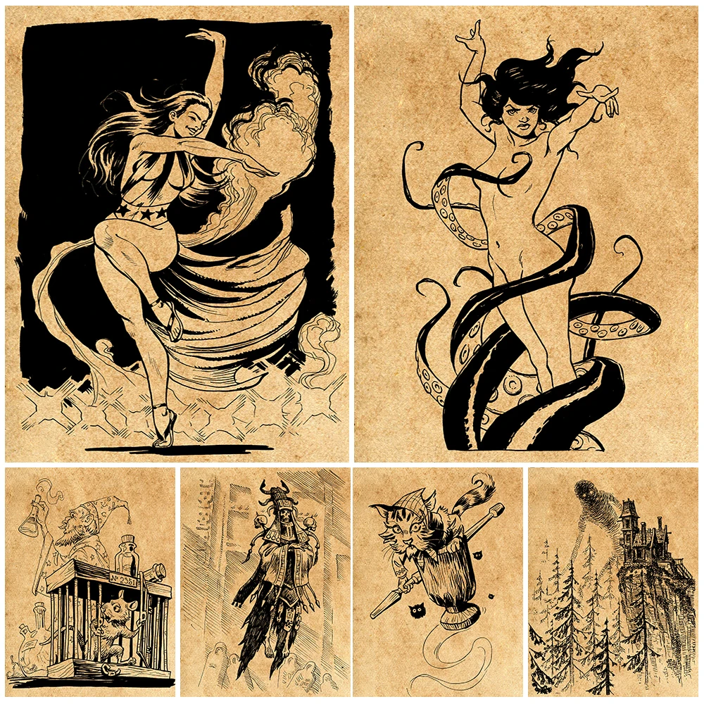 Attacking Witch And Witch Knight Retro Wall Art Canvas Painting Witch Dance Vintage Poster Prints Witchcraft Element Home Decor