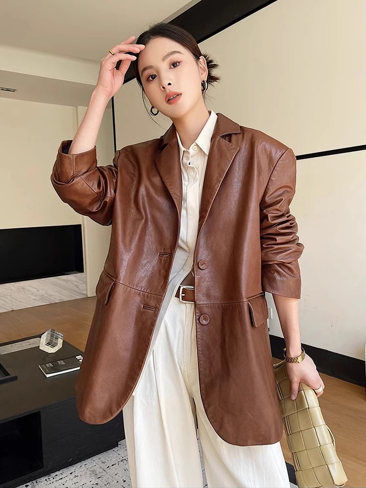 

Mid-length Genuine Leather Blazer Jacket for Women Spring Autumn Simple Loose Vintage Oil Wax Real Goatskin Coat veste en cuir