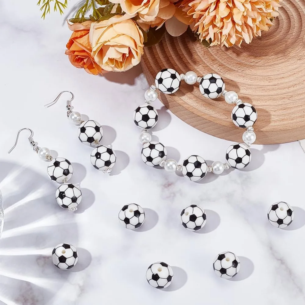 32 buah 15mm manik-manik sepak bola olahraga silikon Focal Beads putih hitam kecil longgar bola bulat manik-manik pena Bead untuk wisuda membuat kit