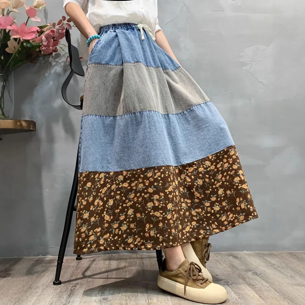 Japanese Vintage Mori Girl Floral Print Denim Patchwork Cotton Skirts Women Summer Elastic Waist Casual Loose A-Line Skirts