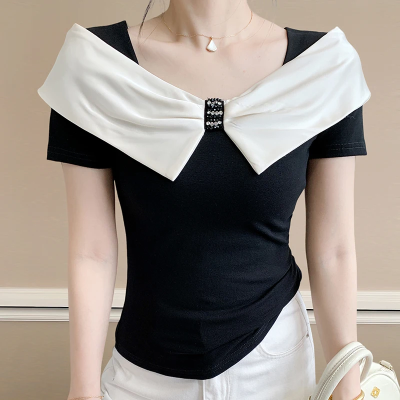 Temperament Summer New Design Splicing Bow Top For Women Fashion Beaded Short Sleeved T-shirt Streetwear Clothing