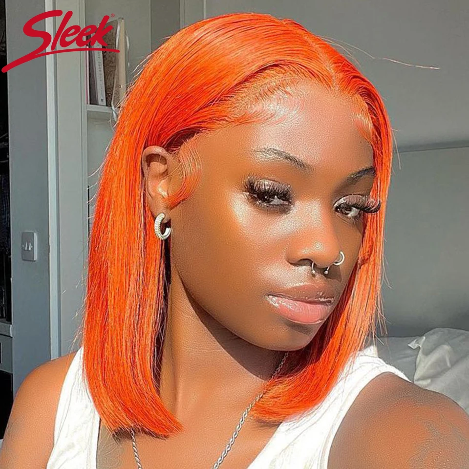 

Sleek Orange Colored Human Hair Wigs For Women 100% Straight Bob Remy Brazilian Hair Wigs 13x6x1 Ready To Wear Lace Front Wigs