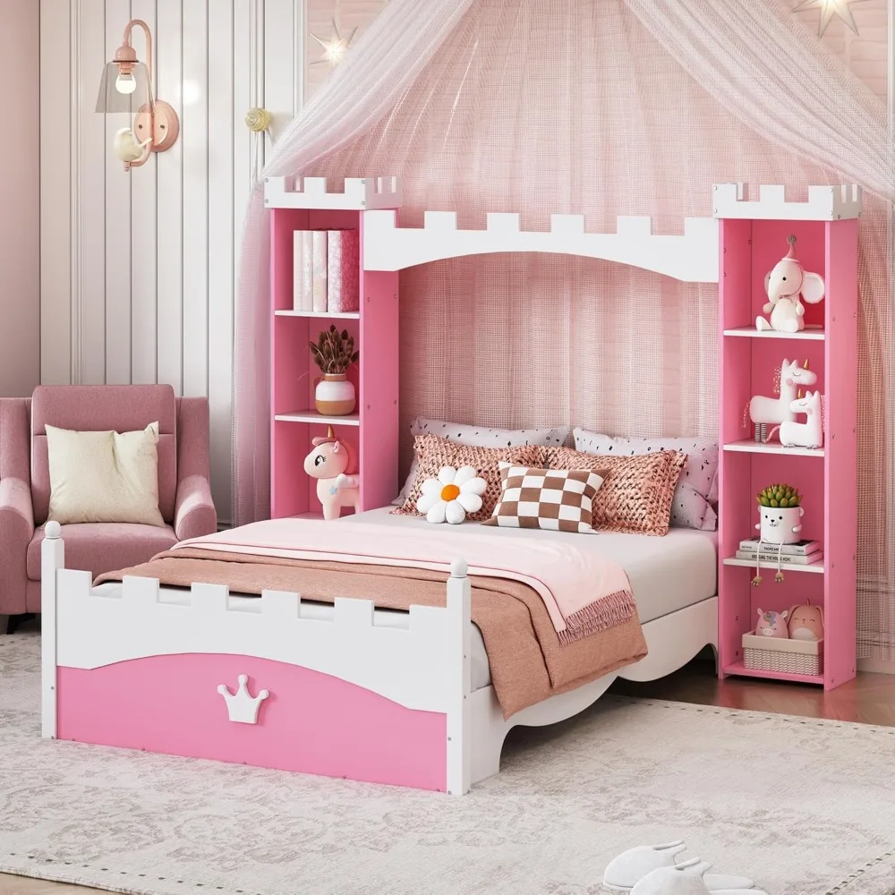 

"Twin Size Castle-Themed Platform Bed with Storage for Kids and Girls, Featuring Shelves and a Princess Style"