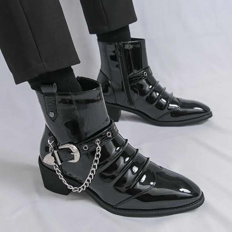 

Men's leather shoes: High-top shiny leather pointed-toe British-style men's boots, zipper fashionable leather shoes