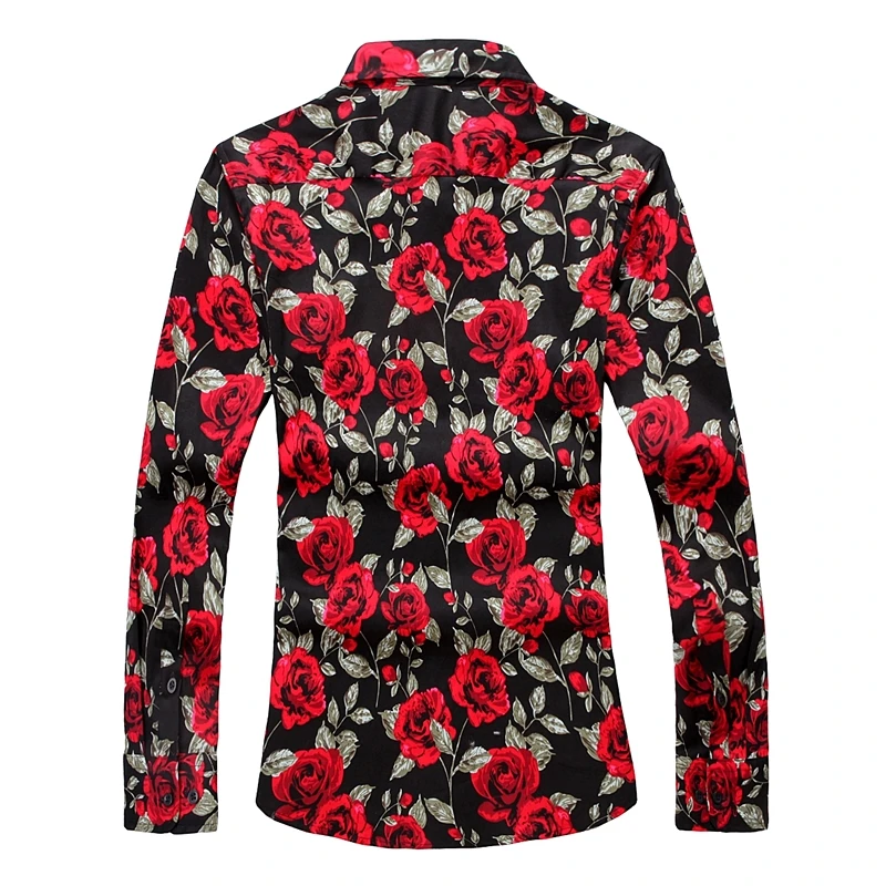 Black Background Color Red Rose Printed Cotton Shirt, Men\'s Square Collar Long Sleeve Shirts White Fashion Tops Camisa / Chemise