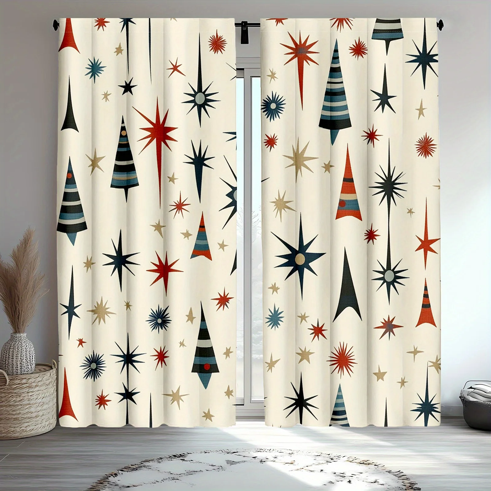 2pc Retro-style atomic star pattern curtains, made of polyester fabric, machine washable, suitable for living room and bedroom.