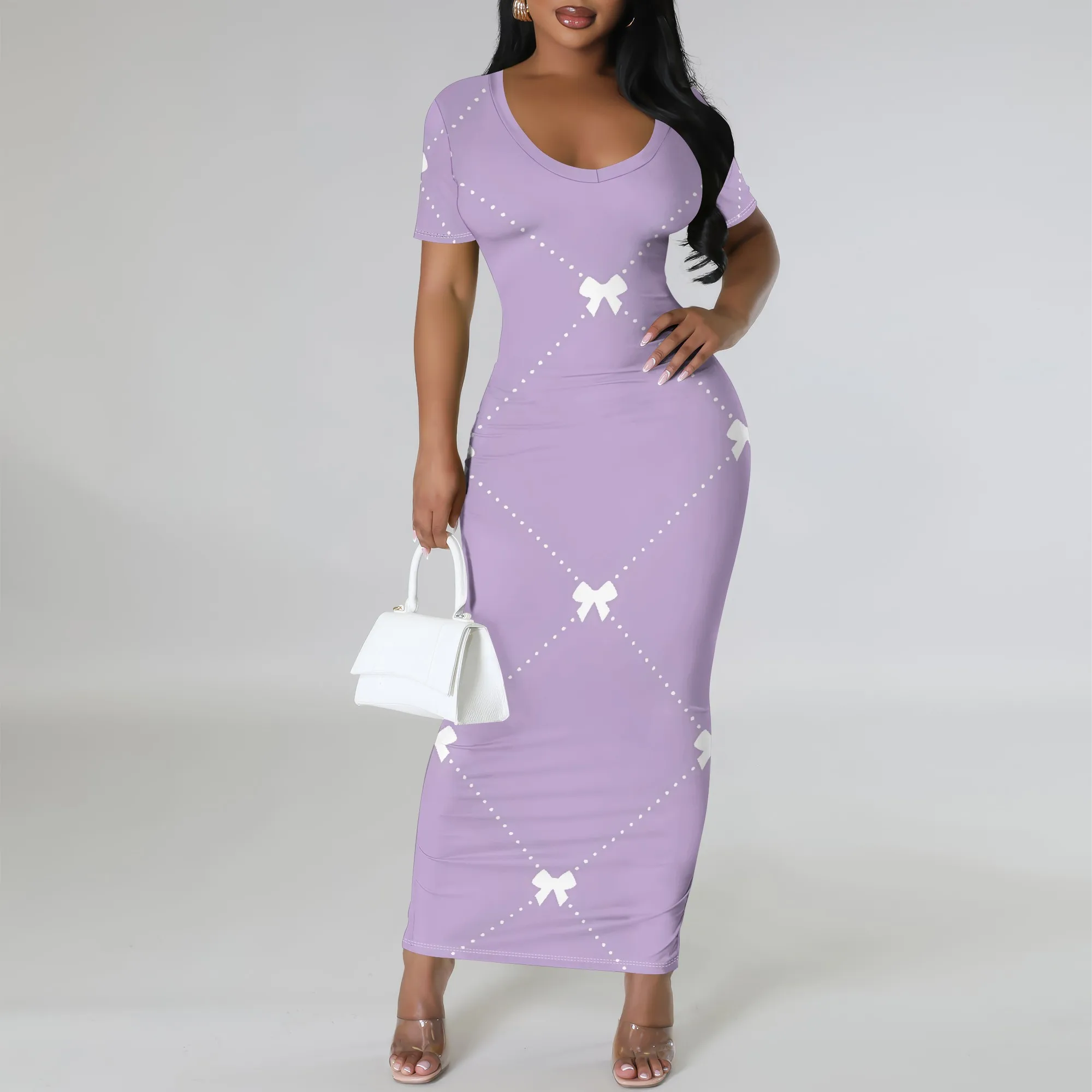 

Nupusa Lavender Bow Dot Print Dress for Women Regular Size Casual Round Neck Short Sleeve Bodycon Maxi Dress